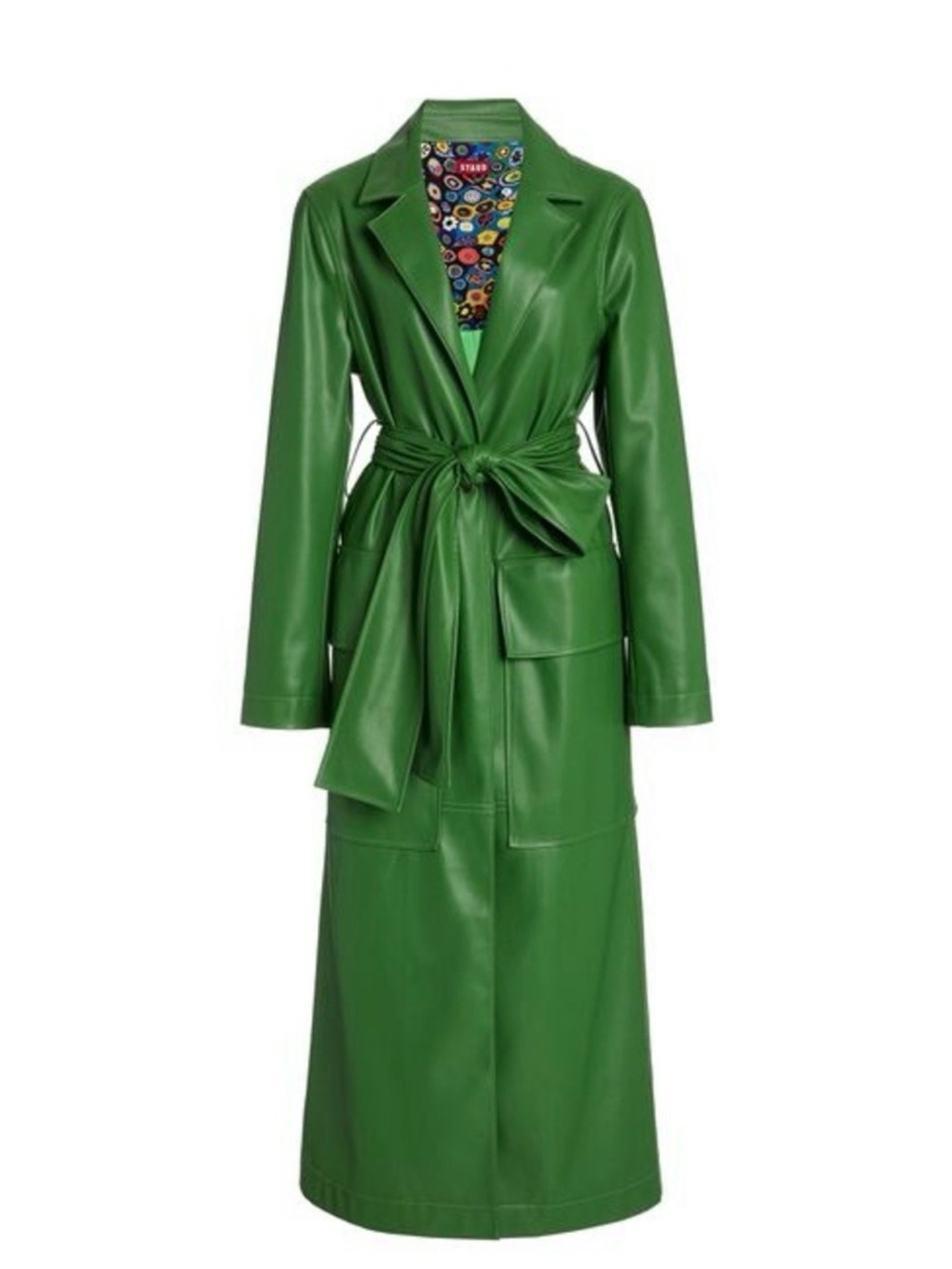 STAUD Green Faux Leather Tie-Belt Trench Coat